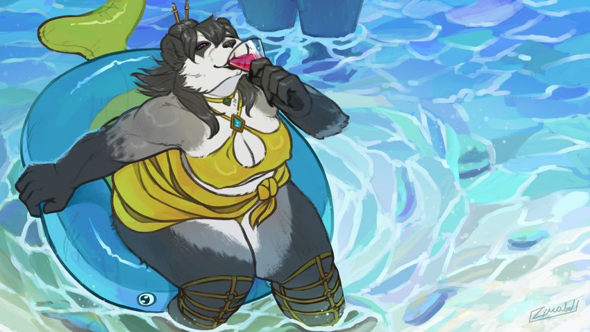 alcohol anthro beverage bikini black_nose chopsticks_in_hair clothing cocktail female floatie foot_in_water fur fur_markings grey_body inflatable leg_strap looking_at_viewer markings purple_eyes sarong scar smile smiling_at_viewer solo_focus spots spotted_markings swimwear two-piece_swimsuit water wet wet_body white_body white_fur yellow_clothing zimabel blizzard_entertainment warcraft juuliska_(skarphedinn) bear fish mammal marine pandaren 16:9 hi_res widescreen