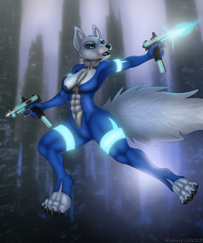 abs anthro breasts city cleavage clothed clothing cyberpunk dual female future futuristic glowing gun jumping leap neon night pose ranged_weapon shooting skinsuit solo tight_clothing weapon rahir_(artist) canid canine canis domestic_dog mammal wolf 5:6 digital_media_(artwork) hi_res