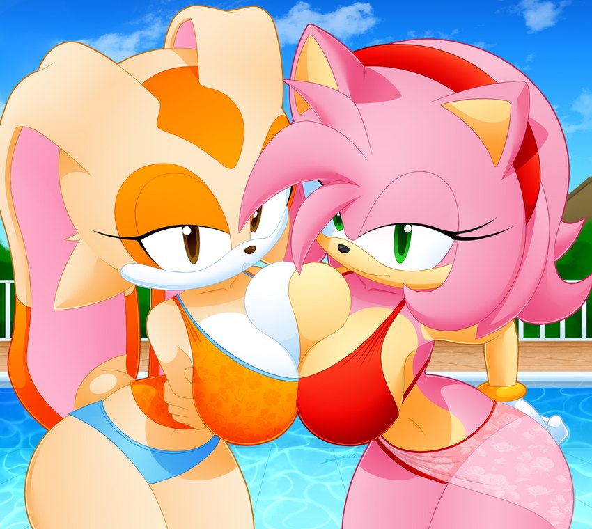 aged_up anthro bedroom_eyes big_breasts bikini breast_squish breasts breasts_frottage clothing duo female female/female looking_at_viewer narrowed_eyes poolside seductive squish swimwear two-piece_swimsuit water slickehedge sega sonic_the_hedgehog_(series) amy_rose cream_the_rabbit eulipotyphlan hedgehog lagomorph leporid mammal rabbit