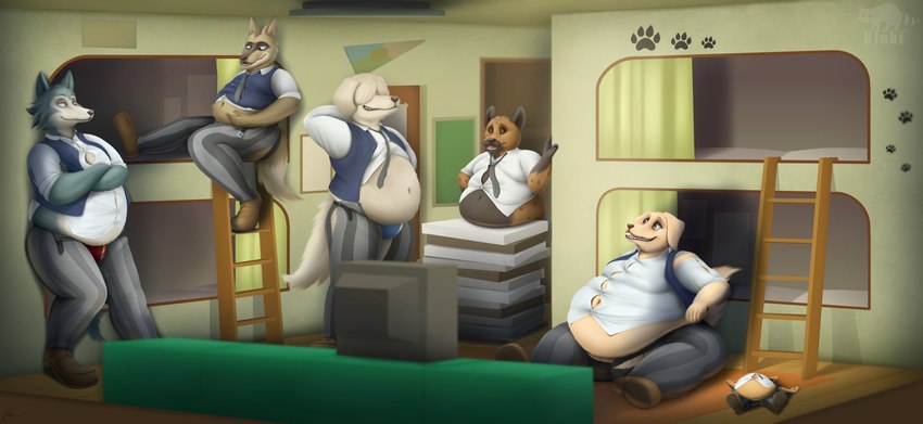 anthro belly big_belly clothed clothing fur group male navel obese obese_anthro obese_male overweight overweight_anthro overweight_male tail thick_thighs klaki_3000 beastars collot_(beastars) durham_(beastars) jack_(beastars) legoshi_(beastars) miguno_(beastars) voss_(beastars) bird_dog canid canine canis domestic_dog fennec_fox fox herding_dog hunting_dog hyena labrador mammal old_english_sheepdog pastoral_dog retriever sheepdog spotted_hyena true_fox wolf absurd_res hi_res