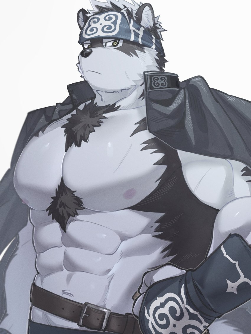 abs accessory anthro belt bottomwear clothing coat_cape headband loincloth male muscular muscular_anthro navel nipples pecs solo wani_jima lifewonders tokyo_afterschool_summoners horkeu_kamui_(tas) canid canine canis mammal wolf 3:4 hi_res