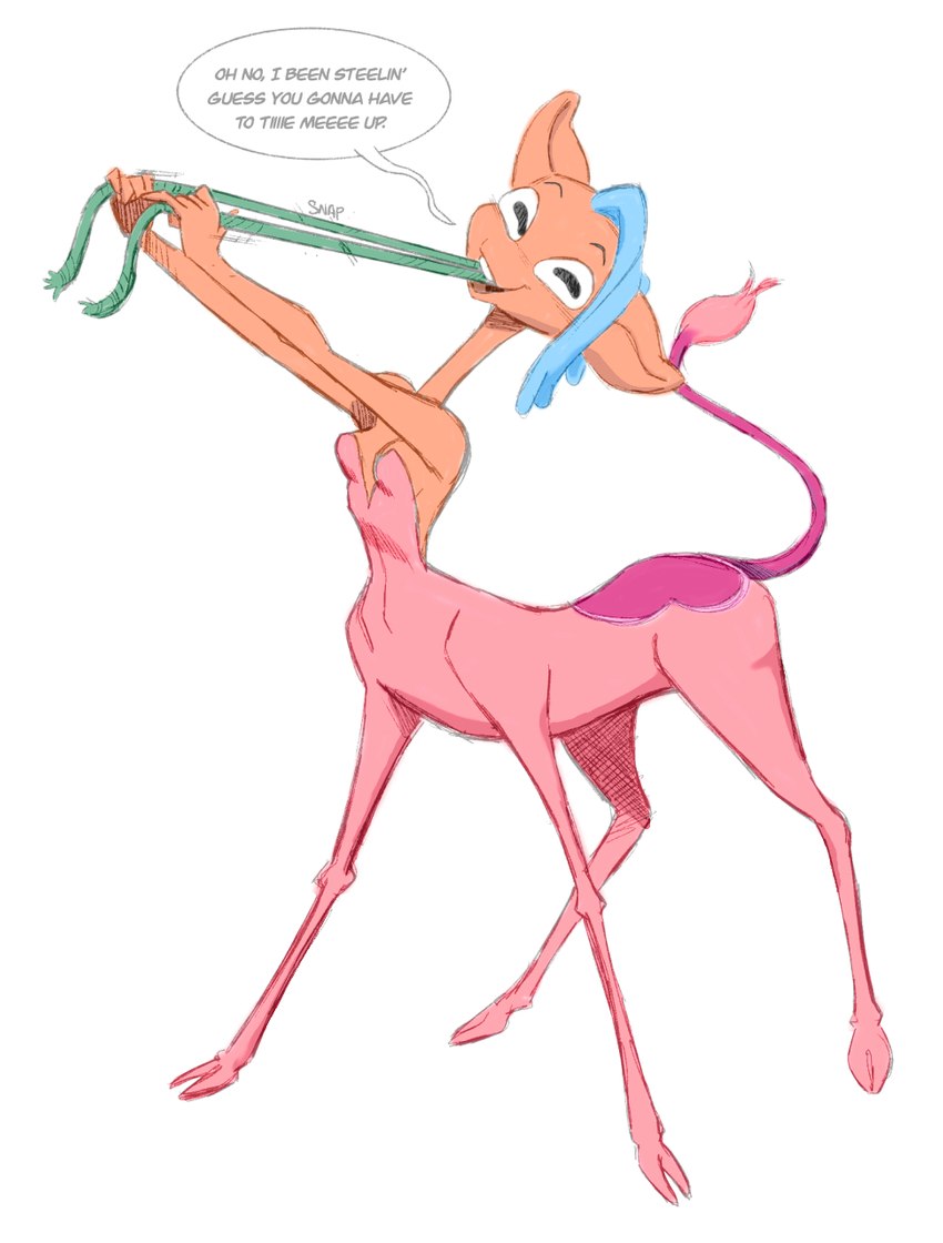 bite blue_hair cloven_hooves dialogue female fur gesture hair hooves long_neck orange_body pink_body rope solo speech_bubble suggestive suggestive_dialogue suggestive_gesture text toonbutts centaurworld netflix glendale_(centaurworld) antelope bovid bovid_taur gerenuk gerenuk_taur humanoid humanoid_taur mammal mammal_taur taur true_antelope english_text hi_res