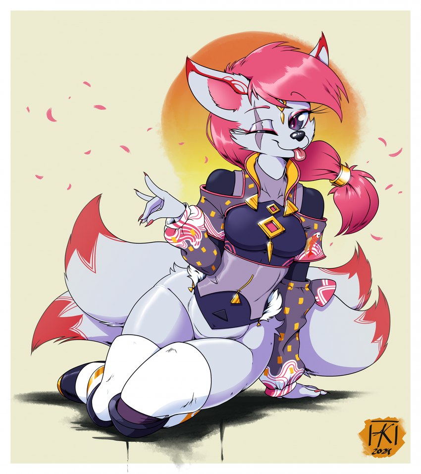 anthro breasts clothed clothing female fur hair one_eye_closed pink_hair scar solo tail tongue tongue_out white_body white_fur wink atticuskotch asian_mythology east_asian_mythology epic_games fortnite japanese_mythology mythology kimiko_five-tails canid canine canis fox mammal yokai 2024 digital_media_(artwork) hi_res