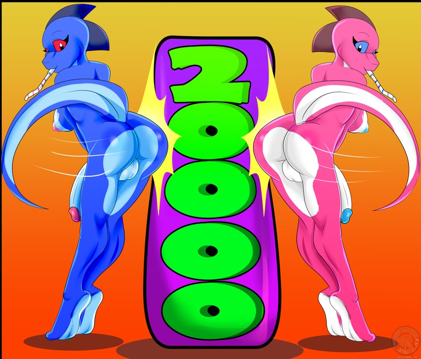 20000 2000_(subs) achievement alternate_color anthro areola balls big_breasts big_penis blue_areola blue_body blue_eyes blue_glans blue_nipples blue_scales blue_skin breasts butt butt_bump celebration duo genitals glans gradient_background gynomorph hip_check intersex looking_at_viewer milestone motion_lines nipples non-mammal_breasts nude nude_anthro nude_gynomorph nude_intersex number orange_background party_horn penis pink_areola pink_glans pink_nipples raised_tail red_eyes scales scutes simple_background smile standing_on_toes tail yellow_background justathereptile june_(justathereptile) komodo_dragon lizard monitor_lizard reptile scalie 2018 digital_media_(artwork) watermark herm_(lore)