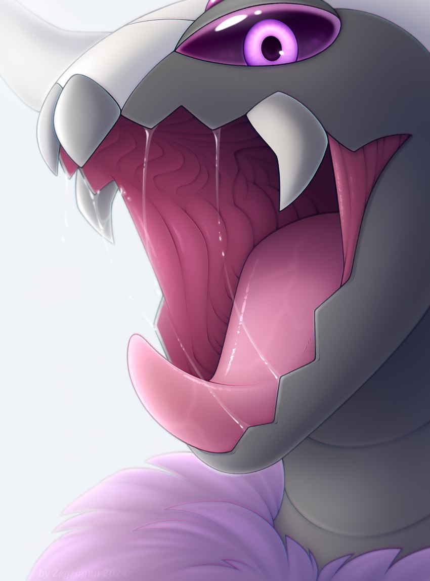 ambiguous_gender anthro bodily_fluids fur grey_body horn mandibles mouth_shot multi_eye open_mouth palate purple_body purple_eyes purple_fur saliva saliva_string simple_background solo tongue tongue_out white_background zegzagun arthropod insect absurd_res hi_res