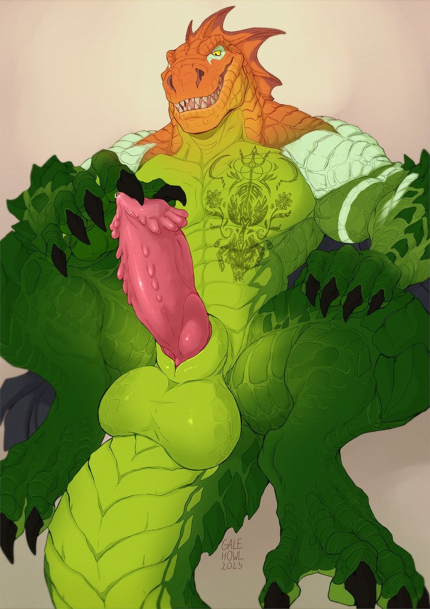 5_fingers abs animal_genitalia anthro balls claws erection finger_claws fingers genitals green_body looking_at_genitalia looking_at_penis male muscular muscular_male pecs penis sheath simple_background tattoo teeth toe_claws nebelviper scalie 2023 digital_drawing_(artwork) digital_media_(artwork) hi_res