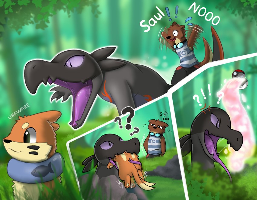 anthro feral feral_pred feral_prey in_mouth partially_inside pokeball vore resachii nintendo pokemon bryce_daeless saul_ashle soggy_(soggybuizel) buizel eurasian_otter generation_4_pokemon generation_7_pokemon lutra mammal mustelid otter pokemon_(species) river_otter salazzle hi_res