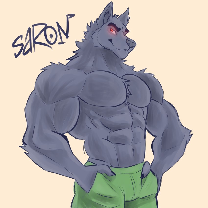 abs belly bottomwear clothing eyebrows fur hand_in_pocket looking_at_viewer male muscular muscular_male pockets red_eyes smile smiling_at_viewer smirk smirking_at_viewer solo saronarts fairy_tales big_bad_wolf canid canine canis mammal wolf 1:1 2024 absurd_res hi_res watermark