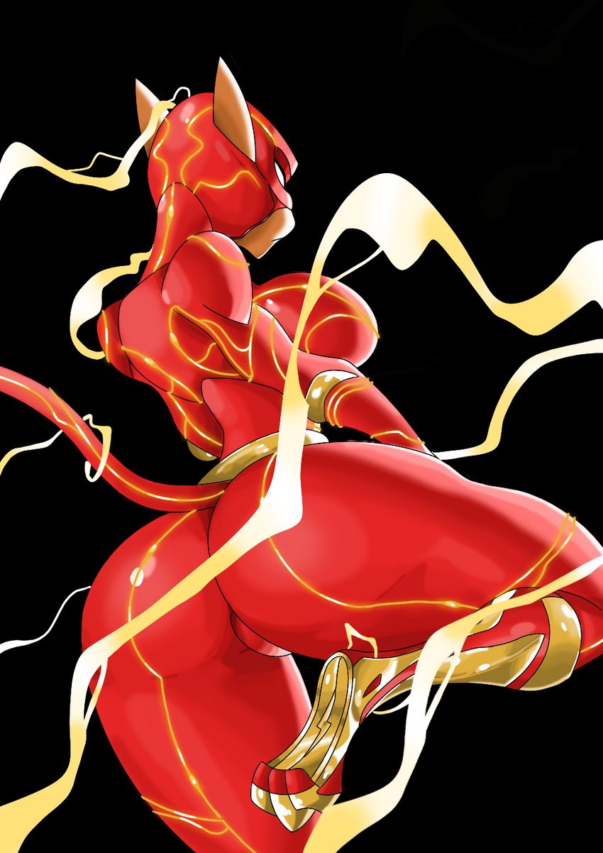 anthro armor big_breasts big_butt black_background boots breasts brown_body butt clothing female footwear gold_boots headgear helmet lightning_bolt mask rear_view red_body red_clothing red_suit shoes simple_background solo suit tail rentressy the_flash felid mammal hi_res