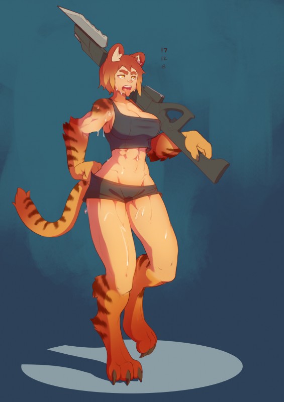 abs barefoot big_breasts blue_background bodily_fluids bottomwear boy_shorts breasts brown_hair claws cleavage clothed clothing feet female gun hair holding_gun holding_object holding_ranged_weapon holding_weapon midriff orange_eyes orange_hair ranged_weapon shirt shorts simple_background skimpy solo sweat tank_top toe_claws tongue tongue_out topwear underwear weapon biggcuties pinwheel_(snekguy) snekguy animal_humanoid borealan felid felid_humanoid humanoid mammal mammal_humanoid pantherine pantherine_humanoid tiger tiger_humanoid hi_res