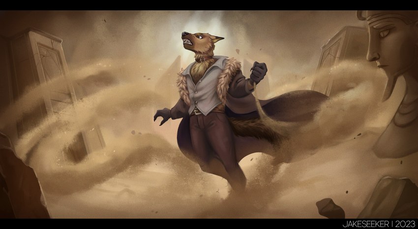 anthro black_bars clothed clothing desert detailed_background egyptian fingers hair male outside sand solo standing tail teeth topwear jakeseeker canid canine canis domestic_dog mammal digital_media_(artwork) hi_res letterbox