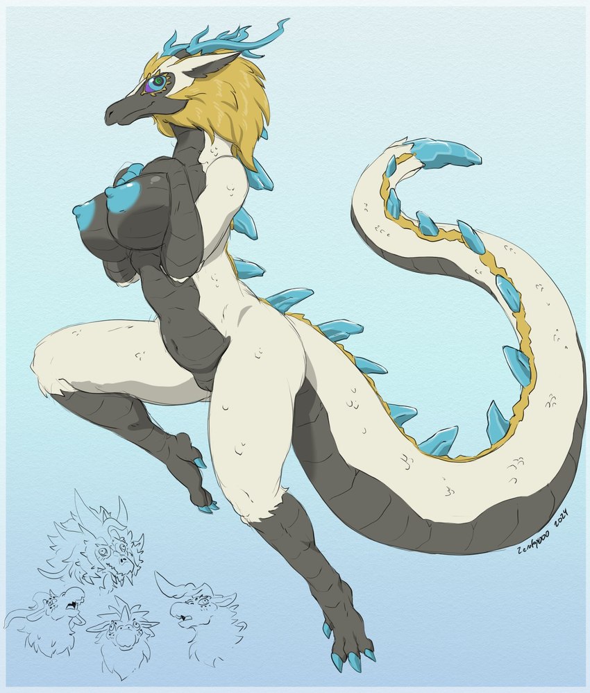 anthro anthrofied areola barely_visible_genitalia barely_visible_pussy big_breasts biped black_body black_countershading black_scales blonde_hair blue_areola blue_body blue_claws blue_eyes blue_horn blue_nipples blue_scales blue_spikes breasts claws countershade_scales countershading derp_eyes female genitals hair horn long_tail navel nipples nude pupils purple_sclera pussy scales simple_background smile solo tail toe_claws unusual_pupils white_body white_scales zerofox1000 mythology nintendo tears_of_the_kingdom the_legend_of_zelda demon_dragon_(totk) dinraal farosh light_dragon_(totk) naydra dragon eastern_dragon mythological_creature mythological_scalie scalie 2024 colored hi_res signature