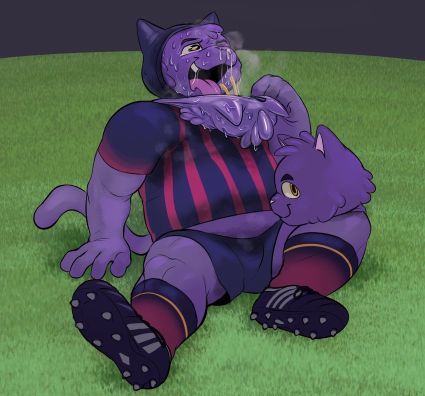 4_fingers anthro biped bodily_fluids bodysuit breath cat_costume cleats clothed clothing costume fingers fur latex long_tail male mascot_costume mask nose_tubes open_mouth overweight overweight_male panting purple_body purple_fur skinsuit soccer soccer_uniform solo sport sportswear sweat tail tight_clothing tongue tongue_out uniform yellow_eyes owy mittens_(panapoliz) domestic_cat felid feline felis mammal 2024 absurd_res digital_drawing_(artwork) digital_media_(artwork) hi_res