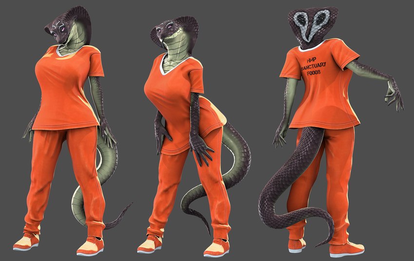 5_fingers anthro breasts clothed clothing female fingers front_view grey_body grey_scales humanoid_hands prison_uniform rear_view scales smile solo standing tail text text_on_clothing petruz petruz_(modeler) sab_(petruz) cobra elapid_(snake) king_cobra reptile scalie snake 2024 3d_(artwork) blender_(artwork) digital_media_(artwork) hi_res