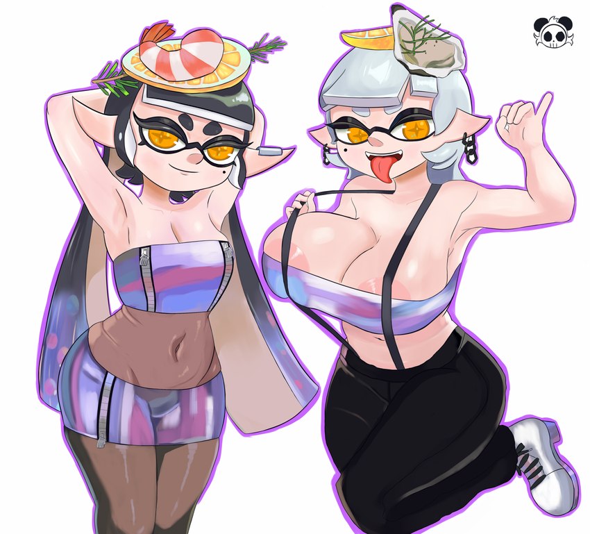 big_breasts bottomwear breasts cleavage clothed clothing crop_top duo female female/female gesture hands_behind_head huge_breasts midriff nipple_slip not_furry shirt simple_background skirt suspenders tongue tongue_out topwear translucent translucent_clothing white_background hoodoo nintendo splatoon callie_(splatoon) marie_(splatoon) cephalopod humanoid inkling marine mollusk absurd_res hi_res