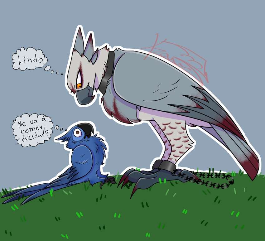 beak chain duo feet female feral larger_female male male/female size_difference smaller_male talons text thought_bubble toes luntalie blu_waifu blue_sky_studios rio_(series) blu_(rio) damaris_the_harpy_eagle_(blu_waifu) accipitrid accipitriform avian bird eagle harpy_eagle macaw neotropical_parrot parrot spix's_macaw true_parrot spanish_text translated