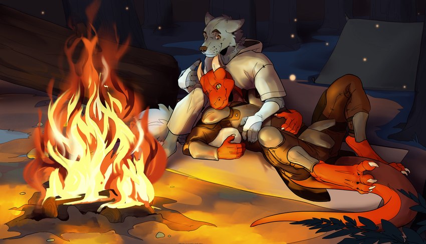 anthro armor blue_wolf camp claws cuddling duo feet fire forest happy head_on_chest horn male male/male night plant playing_with_horn red_body tail tree edesk mythology luis_rios xaldin arthropod beetle canid canine canis dragon elateroid firefly insect mammal mythological_creature mythological_scalie scalie wolf 7:4