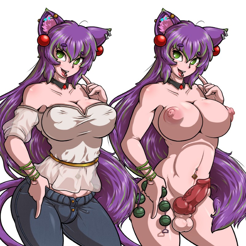 animal_genitalia animal_genitalia_on_humanoid animal_penis balls big_breasts breasts bulge canine_genitalia canine_penis cleavage clothed clothing ear_piercing erection genitals green_eyes gynomorph hair intersex knot long_hair navel navel_piercing nipples nude off/on open_mouth penis piercing purple_hair solo tongue tongue_piercing adjatha trials_in_tainted_space erika_(tits) animal_humanoid cat_humanoid felid felid_humanoid feline feline_humanoid humanoid kaithrit mammal mammal_humanoid 1:1 hi_res