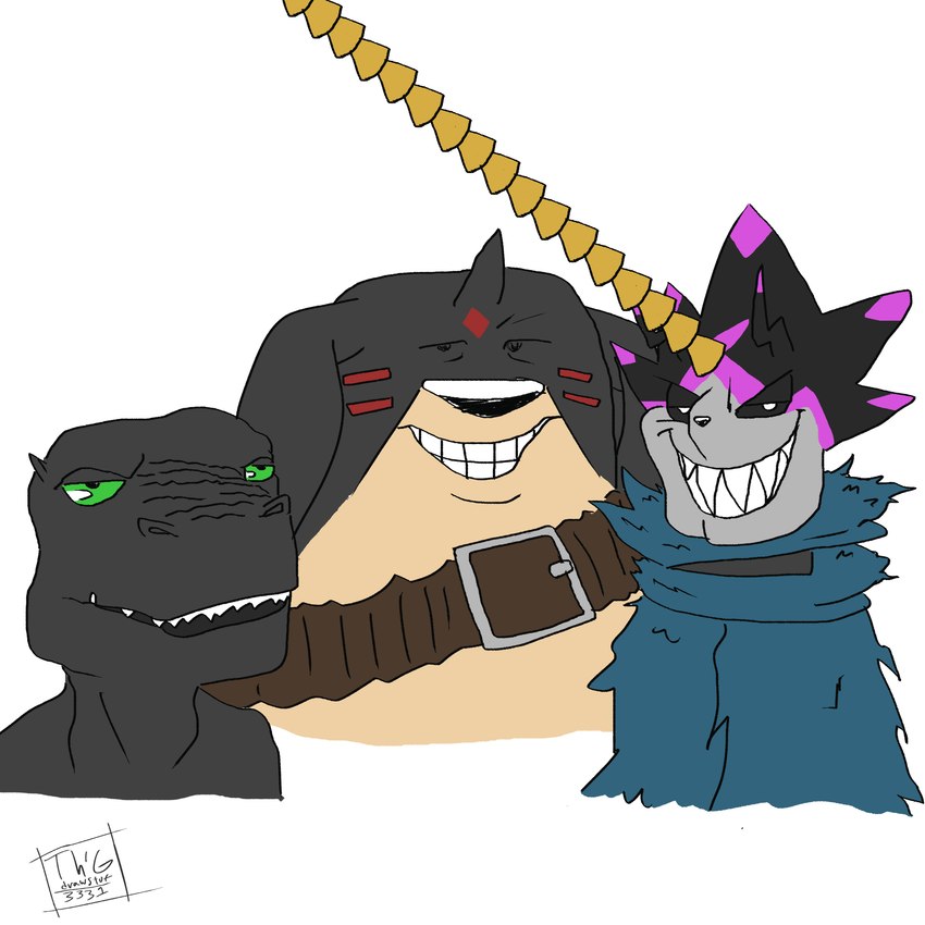 anthro black_body black_fur fur green_eyes grin group horn humor long_ears male smile thatguy3331 bandai_namco digimon digimon_ghost_game me_and_the_boys blackagumon blackgargomon digimon_(species) gulusgammamon 1:1 absurd_res hi_res meme