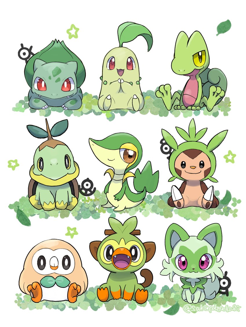 ambiguous_gender anthro countershade_face countershade_torso countershading feral green_body group open_mouth open_smile plant smile tail saki_pokeoekaki nintendo pokemon avian bulbasaur chespin chikorita elemental_creature felid feline flora_fauna generation_1_pokemon generation_2_pokemon generation_3_pokemon generation_4_pokemon generation_5_pokemon generation_6_pokemon generation_7_pokemon generation_8_pokemon generation_9_pokemon grookey mammal pokemon_(species) rowlet scalie snivy sprigatito treecko turtwig unown_(pokemon) unown_a unown_k unown_s unown_u 2024 3:4 hi_res