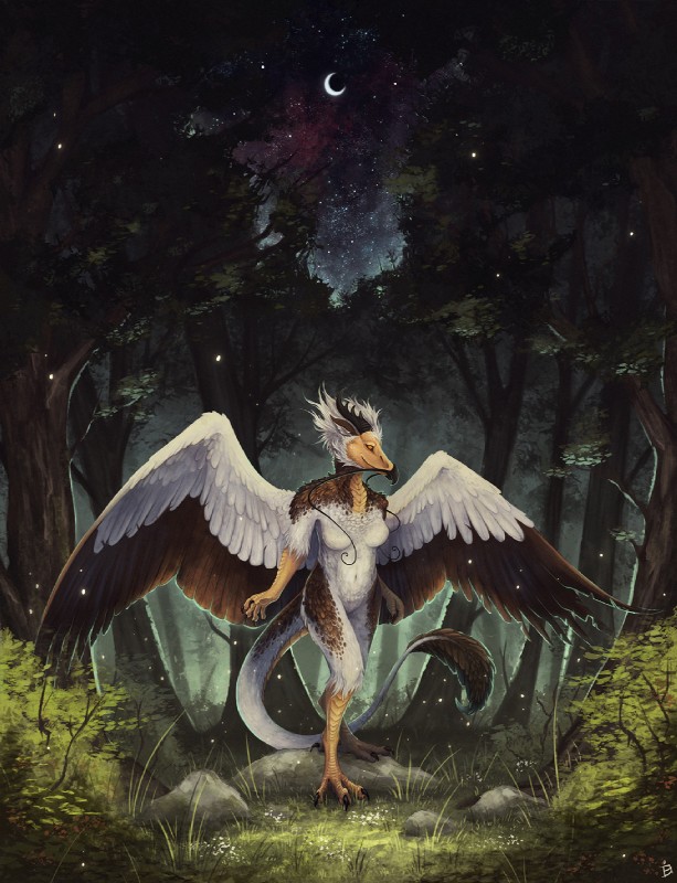 3_toes 5_fingers amazing_background anthro beak breasts brown_body brown_feathers crescent_moon detailed_background feathers featureless_breasts feet female fingers forest grass horn moon night non-mammal_breasts outside plant solo star tail toes tree wings kanizo mythology eva_(ozawk) accipitriform avian bird dragon hybrid mythological_creature mythological_scalie scalie vulture 2017 detailed digital_media_(artwork) hi_res