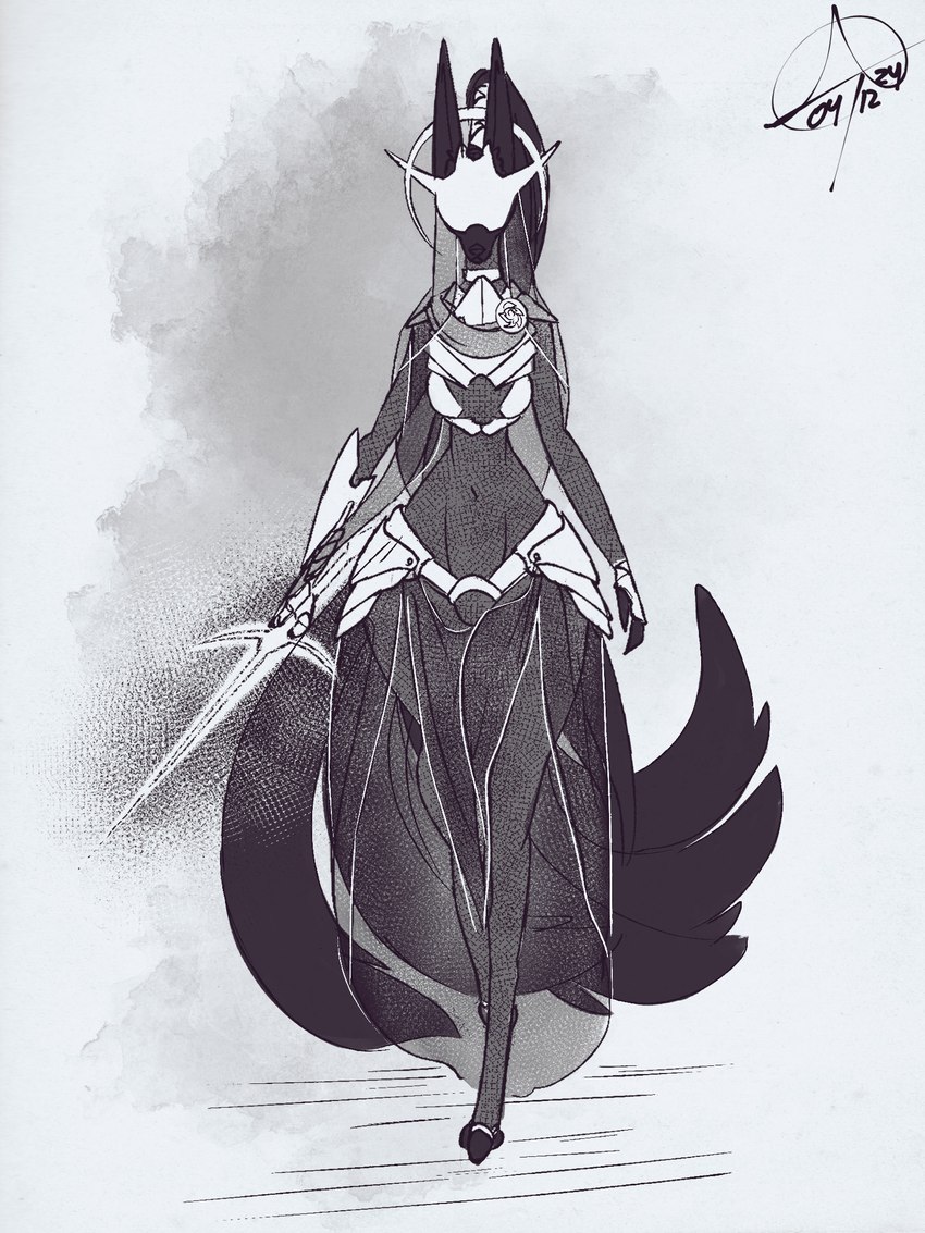 anthro big_ears black_body black_fur curvy_figure drapery female fur hourglass_figure mask monotone_body monotone_fur multi_tail navel solo tail tall tall_ears weapon atokitsune raimu_(atokitsune) canid canine fox mammal 3:4 hi_res