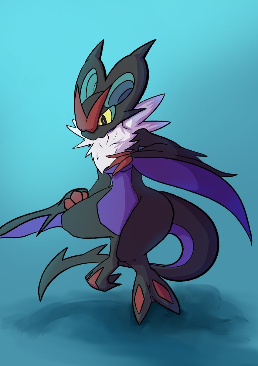 2_toes 3_fingers ambiguous_gender black_body black_eyes blue_background feet feral fingers kuro_hijiki77 multicolored_body purple_body shadow simple_background solo toes two_tone_body yellow_sclera nintendo pokemon generation_6_pokemon noivern pokemon_(species) absurd_res hi_res