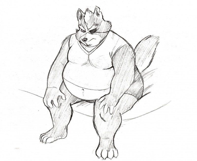 annoyed anthro belly big_belly biped claws clothed clothing eye_patch eyewear fur hand_on_knee hand_on_leg male moobs navel overweight overweight_anthro overweight_male sitting solo toe_claws sambaba nintendo star_fox wolf_o'donnell canid canine canis mammal wolf greyscale monochrome