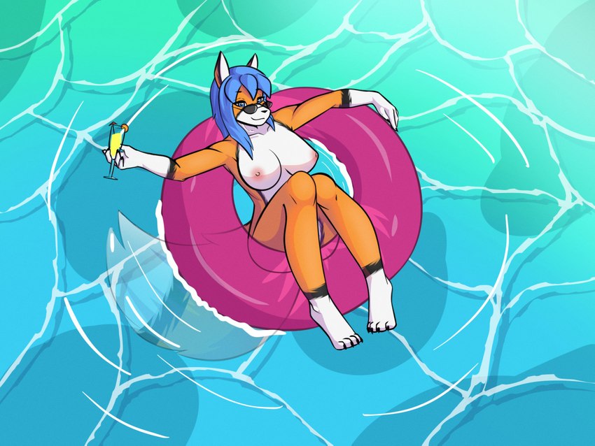 anthro breasts eyewear female fur hair looking_at_viewer nipples nude orange_body orange_fur relaxing smile solo sunglasses swimming water white_body white_fur yukkooart rena_(yukkooart) canid canine fox mammal 2021 4:3 digital_media_(artwork)