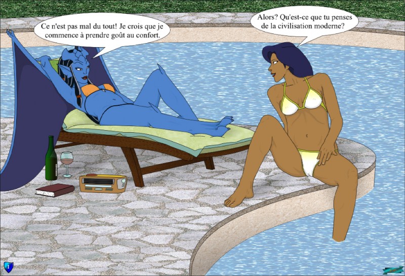 alcohol bat_wings beverage bikini black_hair blue_body blue_hair blue_skin book breasts camel_toe clothed clothing dark_body dark_skin dialogue duo female food hair irl_trace jewelry membrane_(anatomy) membranous_wings navel necklace nipple_outline swimming_pool swimwear text two-piece_swimsuit water wine wings fab3716 disney gargoyles elisa_maza_(gargoyles) obsidiana gargoyle human mammal 2015 french_text translated