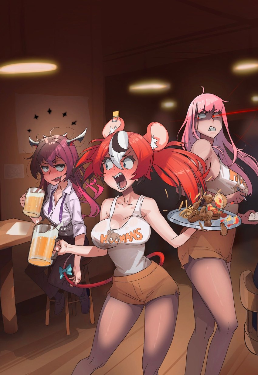 accessory alcohol angry beer beverage big_breasts blush bow_(feature) bow_accessory bow_ribbon breasts drunk female female/female food furgonomics group hair huge_breasts long_hair multicolored_hair open_mouth red_hair restaurant ribbons sharp_teeth short_hair substance_intoxication surprised_expression tail tail_accessory tail_bow tail_ribbon teeth trio zedgawr hololive hololive_en hooters vtuber hakos_baelz irys_(hololive) mori_calliope angel animal_humanoid demon demon_humanoid human humanoid mammal mammal_humanoid murid murid_humanoid murine murine_humanoid nephilim rat_humanoid rodent rodent_humanoid hi_res