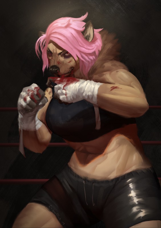 anthro arena athletic bandage black_nose blood bodily_fluids boxing breasts clothed clothing female fist hair inside muscular muscular_anthro muscular_female navel neck_tuft nosebleed pink_hair red_eyes shadow smile solo sport standing tuft emberwick hyena mammal spotted_hyena 2019 absurd_res hi_res