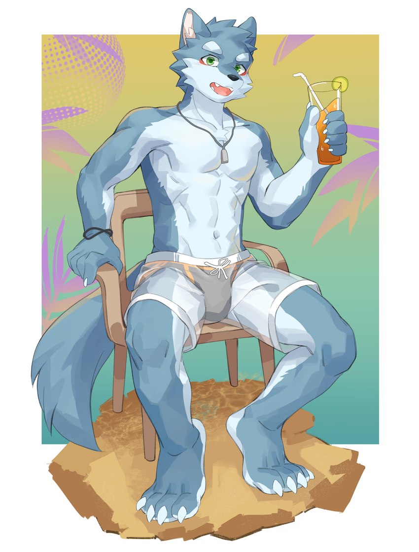 abstract_background anthro beverage bottomwear clothing holding_beverage holding_object jewelry male necklace shorts sitting solo joeyzliaotang canid canine canis mammal wolf absurd_res hi_res