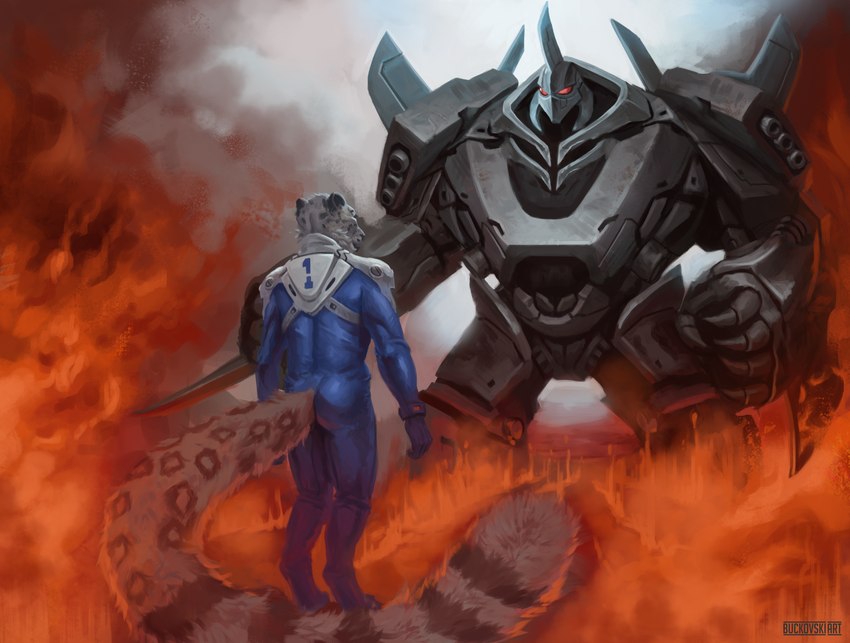 action_scene anthro duo fight fire fur machine male male/male markings mecha metal metallic_body science_fiction spots spotted_markings white_body white_fur buckovskiart felid feline leopard mammal pantherine snow_leopard absurd_res hi_res