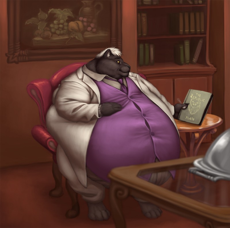 anthro barefoot belly belly_overhang big_belly biped black_body black_fur book bookshelf button_(fastener) chubby_cheeks claws clothed clothing detailed_background feet fur furniture hair hand_on_belly holding_book holding_object huge_belly hyper hyper_belly inside love_handles male necktie obese obese_anthro obese_male overweight overweight_anthro overweight_male painting sitting smile solo straining_buttons suit white_body white_fur wide_hips sugarboy cephy felid mammal pantherine