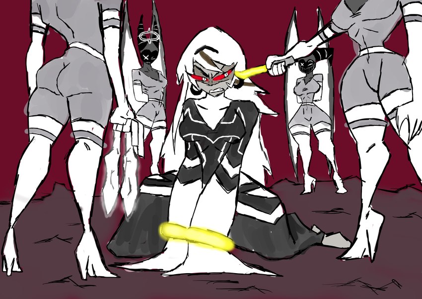 captured cuff_(restraint) female group handcuffed handcuffs metal_cuffs not_furry restraints kreteny hazbin_hotel carmilla_carmine angel absurd_res hi_res