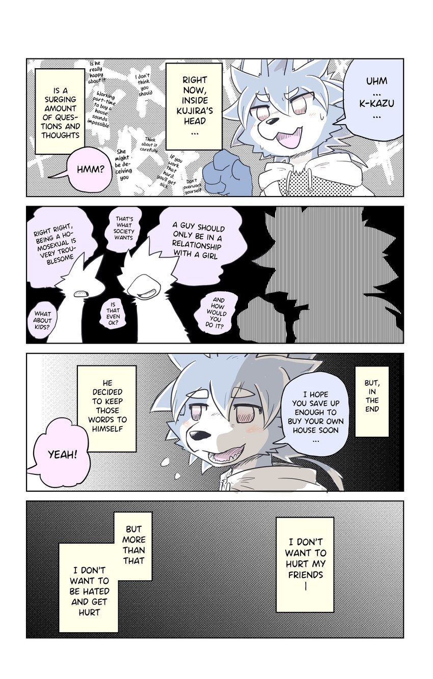 ambiguous_gender anthro blush bodily_fluids clothing dialogue hoodie male open_mouth relatable sad smile sweat text topwear worried brown_tail_(artist) third-party_edit aranami_kujira avian bird canid canine canis domestic_dog mammal absurd_res comic english_text hard_translated hi_res translated translation_edit