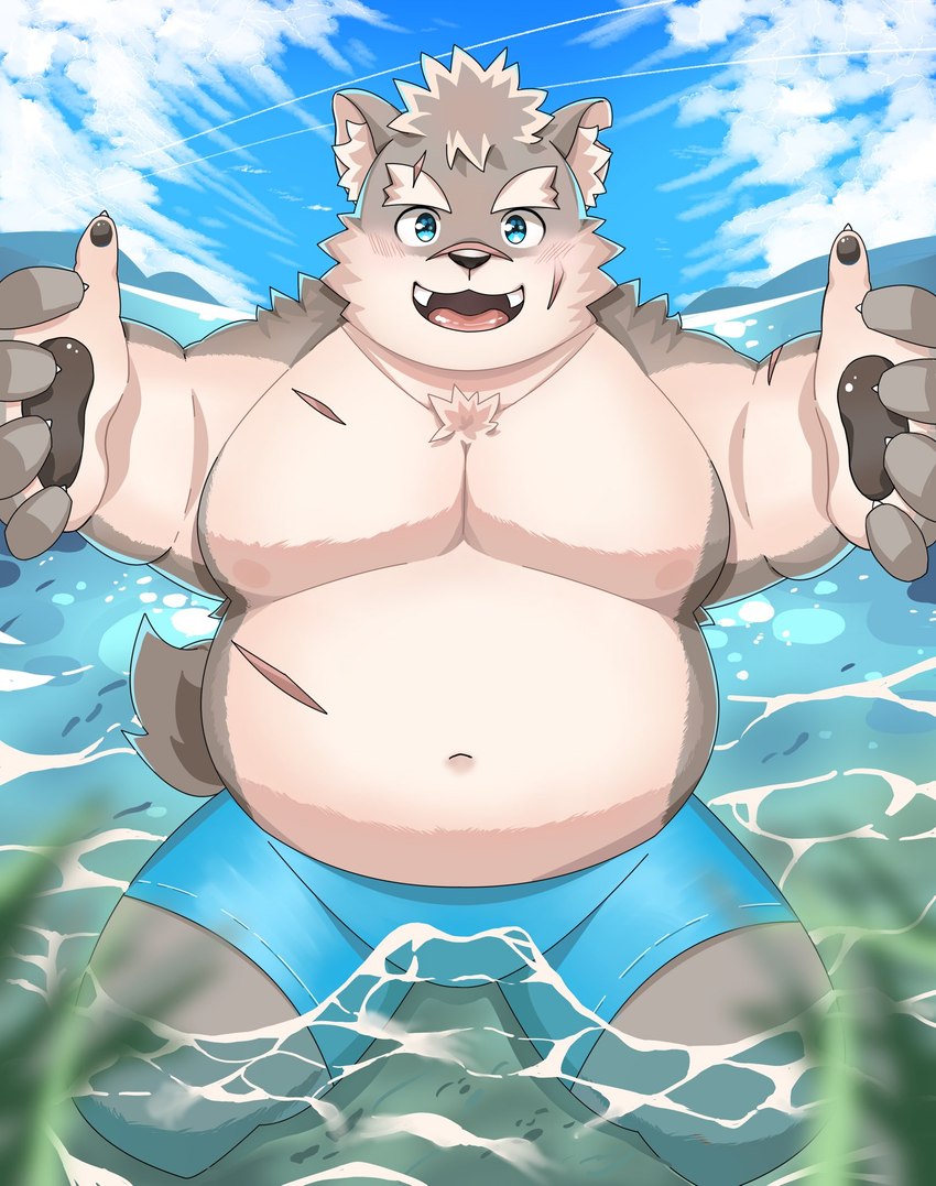 anthro belly blue_eyes blush bottomwear clothing eyebrows facial_scar fur grey_body grey_fur looking_at_viewer male navel offering_hug overweight partially_submerged pawpads scar shorts smile solo swimming thick_eyebrows kojitsunamayo lifewonders tokyo_afterschool_summoners moritaka_(tas) canid canine canis domestic_dog mammal hi_res