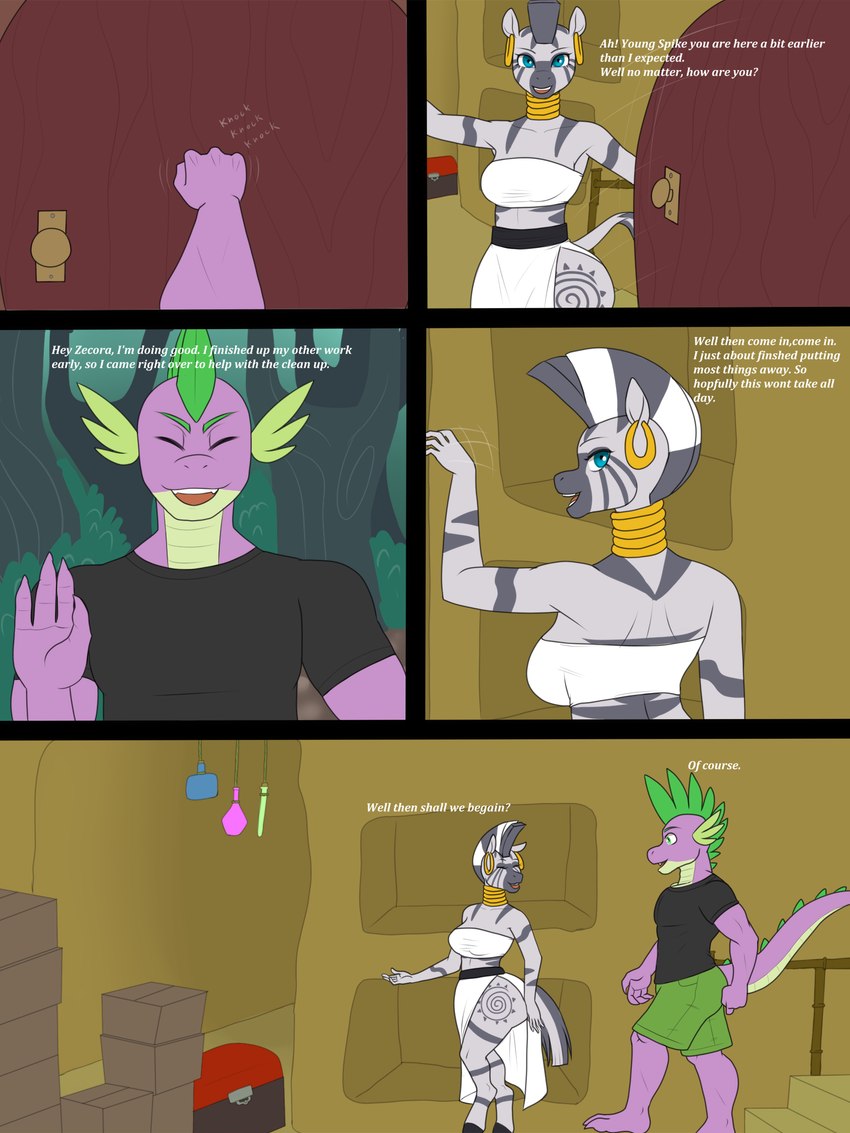 anthro anthrofied bottomwear breasts clothed clothing dialogue ear_piercing ear_ring female male open_mouth pants piercing ring_piercing shirt tail text topwear lurking_tyger friendship_is_magic hasbro my_little_pony mythology spike_(mlp) zecora_(mlp) dragon equid equine mammal mythological_creature mythological_scalie scalie zebra 3:4 comic english_text hi_res