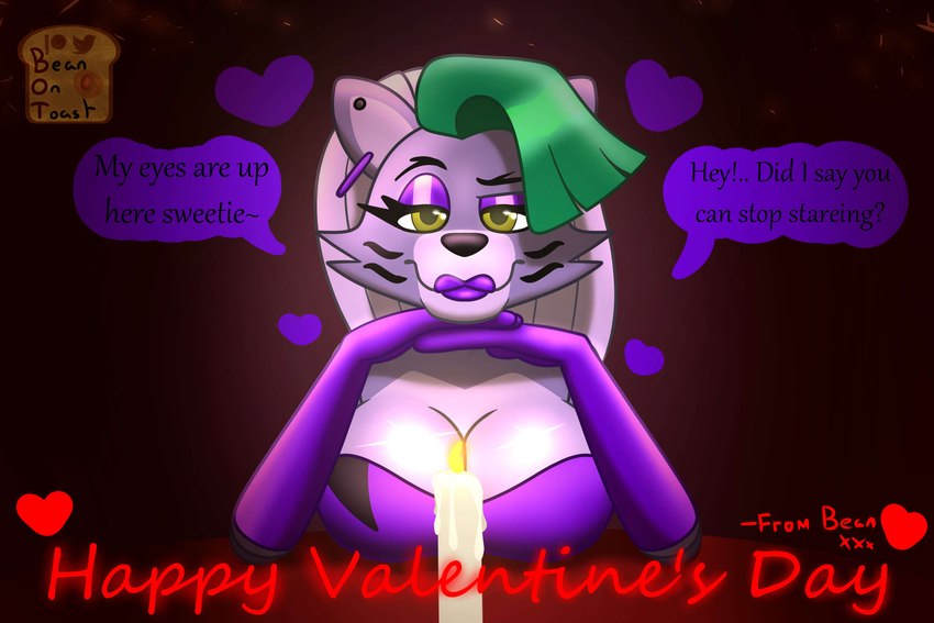 abstract_background anthro armwear bedroom_eyes big_breasts breasts candle cleavage clothed clothing date_pov dialogue dress ear_piercing ear_ring elbow_gloves eyelashes eyeshadow female fingers gloves green_hair green_highlights grey_body grey_hair hair handwear heart_symbol hearts_around_head highlights_(coloring) holidays lipstick long_hair looking_at_viewer machine makeup multicolored_body narrowed_eyes patreon_logo piercing purple_eyeshadow purple_lipstick ring_piercing seductive segmented_arms sitting smile solo talking_to_viewer text twitter_logo two_tone_body yellow_eyes beanontoast five_nights_at_freddy's five_nights_at_freddy's:_security_breach patreon scottgames steel_wool_studios twitter valentine's_day roxanne_wolf animatronic canid canine canis mammal robot wolf 2024 artist_name digital_drawing_(artwork) digital_media_(artwork) english_text hi_res watermark