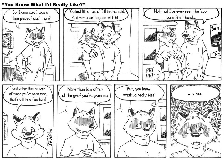 anthro blush butt butt_grab dialogue duo hand_on_butt male male/male molestation text leafdog closet_coon kaiketsu_zorori nintendo star_fox aiden_harris colin_young fox_mccloud zorori canid canine fox mammal procyonid raccoon 2005 comic english_text monochrome