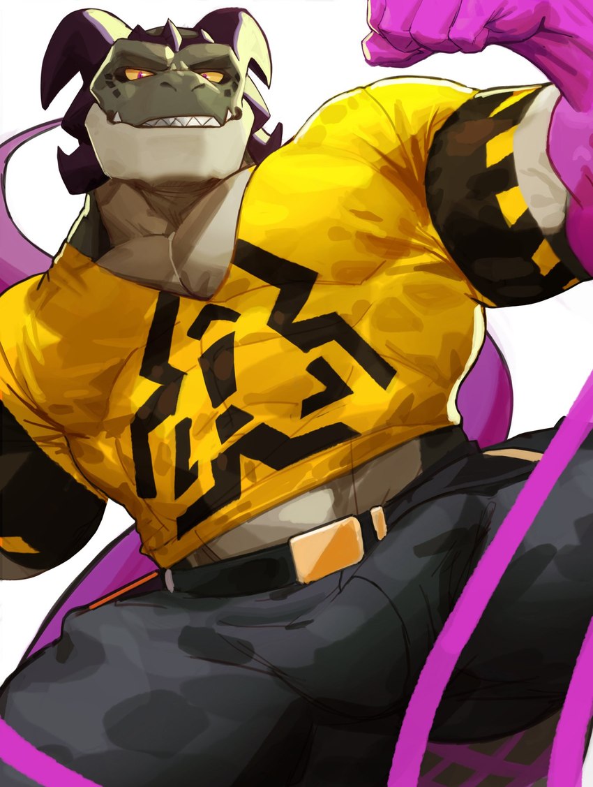 abs anthro belt biceps bottomwear bulge clothing detailed_bulge flexing genital_outline horn kemono looking_at_viewer male muscular muscular_male pants pecs penis_outline shirt simple_background smile solo teeth tentacles tight_clothing tight_shirt tight_topwear topwear white_background yellow_clothing yellow_shirt yellow_topwear tokuni lifewonders mythology tokyo_afterschool_summoners hastur_(tas) dragon mythological_creature mythological_scalie scalie hi_res