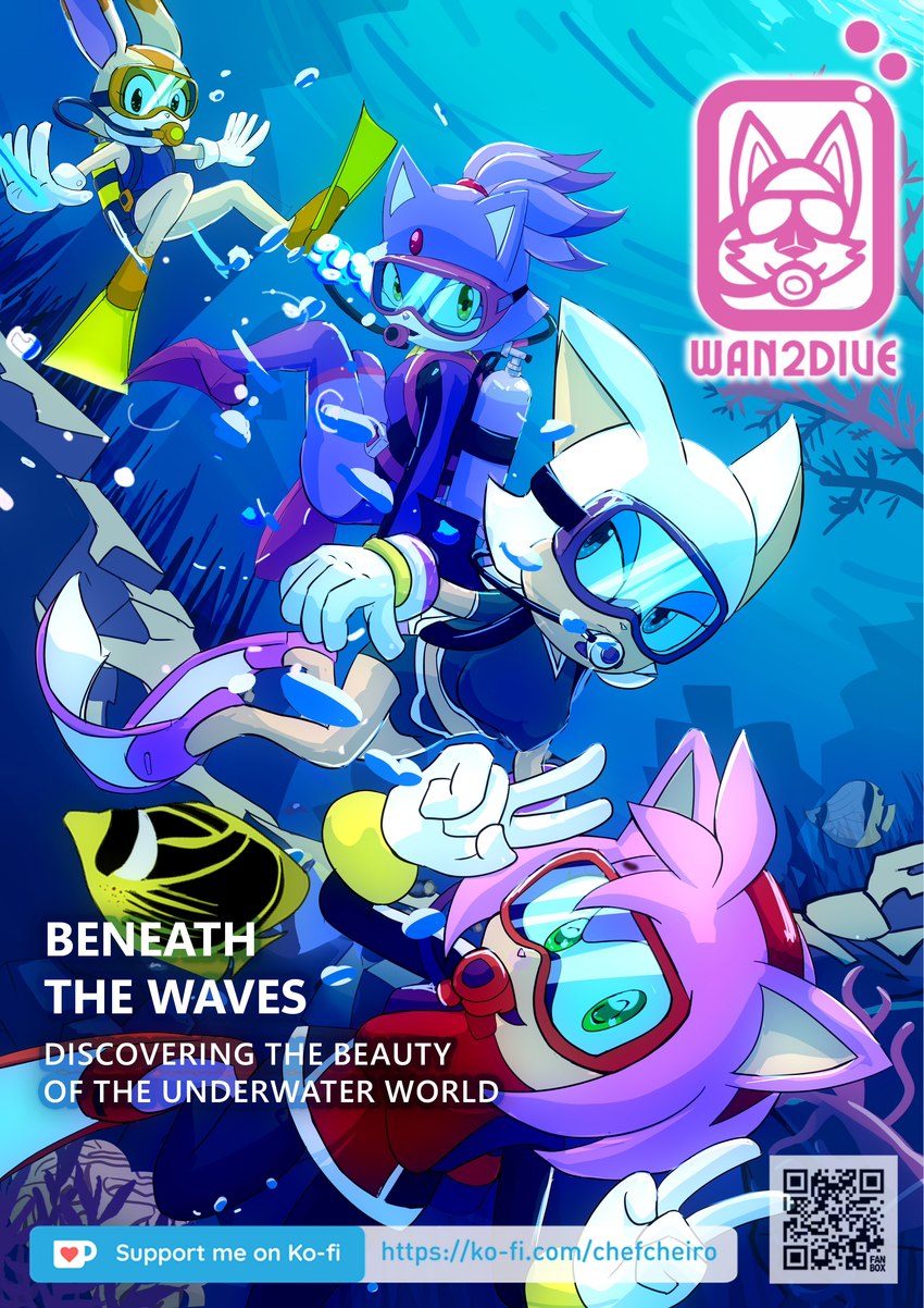 anthro breasts clothing diving diving_mask female group leotard mask midriff one-piece_swimsuit qr_code scuba sea spandex swimming swimming_fins swimwear text thick_thighs thin_calves tight_clothing underwater water wetsuit wide_hips young chef_cheiro_(artist) sega sonic_the_hedgehog_(series) amy_rose blaze_the_cat cream_the_rabbit rouge_the_bat bat domestic_cat eulipotyphlan felid feline felis hedgehog lagomorph leporid mammal rabbit absurd_res english_text hi_res