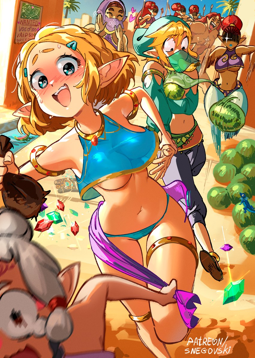 bag banana being_watched blonde_hair blue_clothing blue_eyes blue_panties blue_underwear blush breasts brown_body brown_skin clothed clothing crop_top crossdressing female femboy food footwear fruit gerudo_outfit group hair heart_symbol holding_object humanoid_pointy_ears light_body light_skin looking_at_another male melee_weapon melon midriff motion_lines navel not_furry open_mouth open_smile panties plant pointy_ears polearm red_hair running rupee sheikah_slate shirt shoes smile spear tablet_computer topwear translucent translucent_clothing translucent_topwear under_boob underwear veil watermelon weapon white_hair snegovski breath_of_the_wild nintendo the_legend_of_zelda ganondorf link paya princess_zelda gerudo humanoid hylian sheikah 2022 hi_res signature