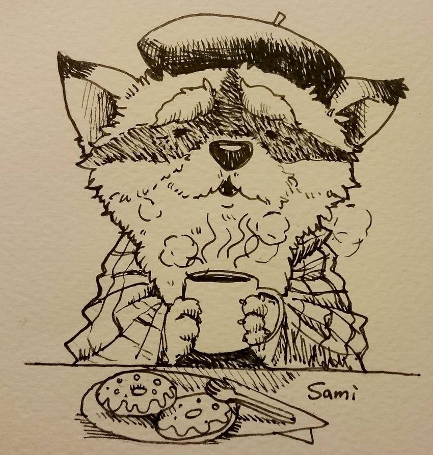 anthro beard beverage biped clothing coffee container cup dessert doughnut facial_hair food hat headgear headwear male mature_male mug mustache pastry solo sweater topwear you_miichi nairi_(series) sami_(nairi) mammal procyonid raccoon 2017