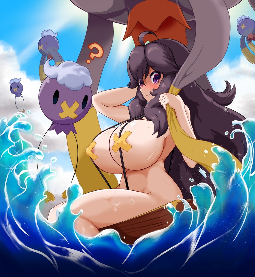 areola big_breasts bikini breasts clothing cloud female group light looking_at_viewer mud question_mark raft sea sky smile smiling_at_viewer spiral_eyes sunlight swimwear two-piece_swimsuit water white_body white_skin supermuddio nintendo pokemon hex_maniac drifblim drifloon generation_4_pokemon human mammal pokemon_(species) absurd_res hi_res