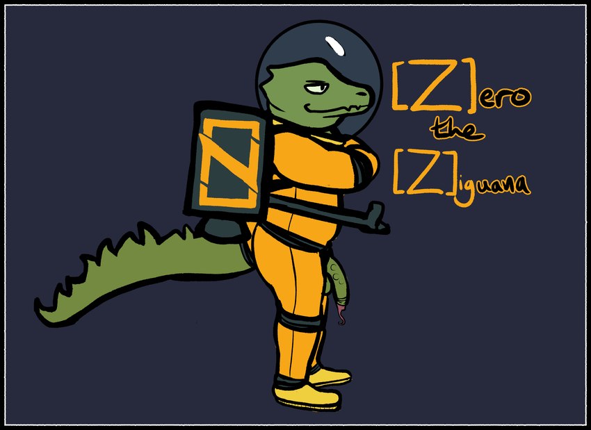 black_border border clothed clothing genitals jet_pack male mascot overweight overweight_male penis penis_poking_out penis_through_fly simple_background solo spacesuit qwaxi~lixard zig_(programming_language) zero_the_ziguana iguana iguanid lizard reptile scalie absurd_res hi_res model_sheet