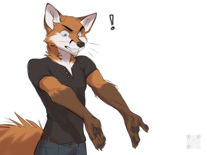 anthro blue_eyes clothed clothing exclamation_point fur male orange_body orange_fur paws qr_code simple_background solo tail whiskers white_background koul scott_(scottthefox94) canid canine fox mammal 2023 4:3 digital_media_(artwork) reaction_image