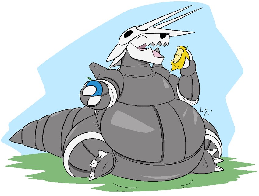 belly berry big_belly feral food fruit grey_body obese outside overweight plant simple_background sitting solo thatoneaceguy nintendo pokemon aggron generation_3_pokemon pokemon_(species) 2025