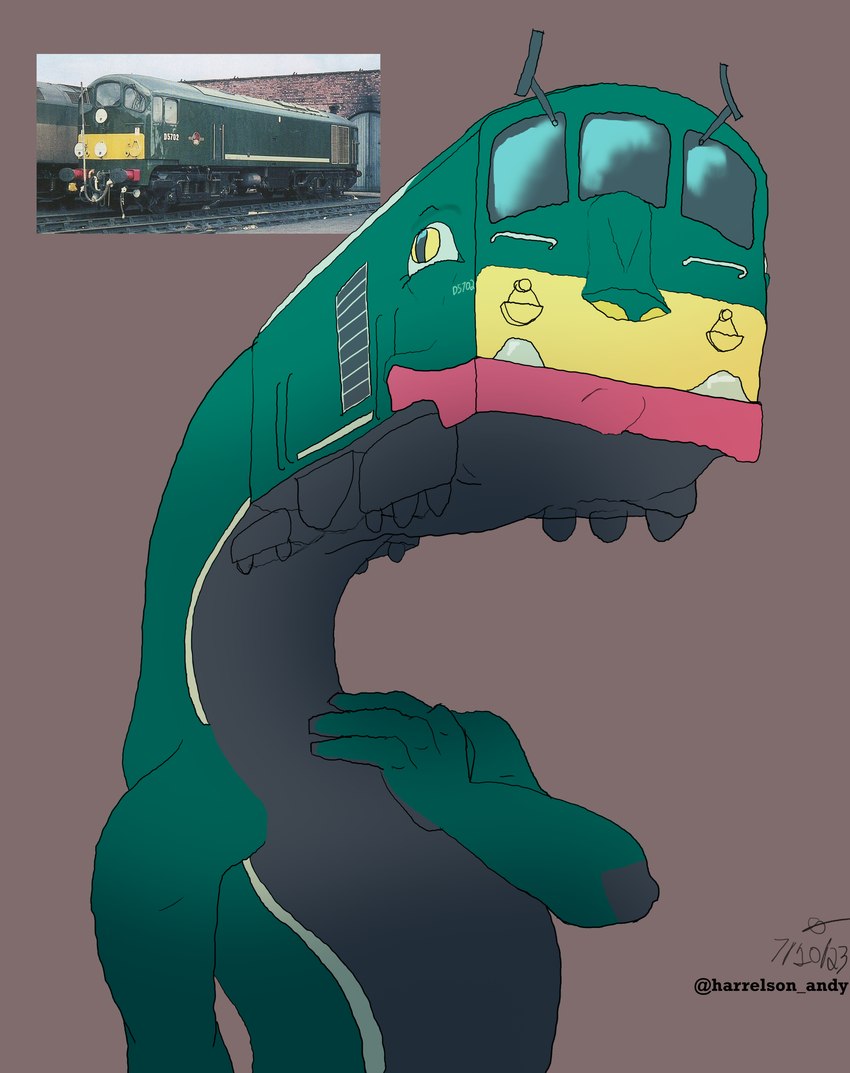 4_fingers anthro belly black_belly black_body black_countershading black_eyebrows black_markings black_skin british_rail_class_28 brown_background countershade_neck countershade_torso countershading dark_body diesel-electric_locomotive exposed_teeth eyebrows fingers front_view green_body green_sclera green_skin hand_on_chest handle headlights locomotive machine male markings multicolored_body multicolored_skin nude number photo pinstripes pupils red_body red_markings red_skin reverse_countershading simple_background solo stripes teeth three-quarter_view train underbite vehicle what wheel white_markings white_stripes windshield_wiper yellow_body yellow_eyes yellow_markings yellow_skin a._l._harrelson british_rail how_to_dragon_your_train mythology boco dragon hybrid living_machine living_train living_vehicle locomorph mythological_creature mythological_scalie reptile scalie tag_(disambiguation) 2023 absurd_res artist_name dated digital_drawing_(artwork) digital_media_(artwork) half-length_portrait hi_res meme portrait reference_image shaded signature